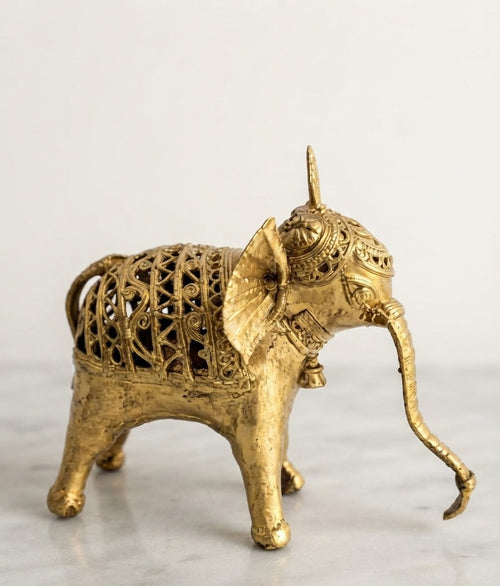 Handcrafted Dokra Brass Royal Elephant Figurine with Jaali Filigree Work