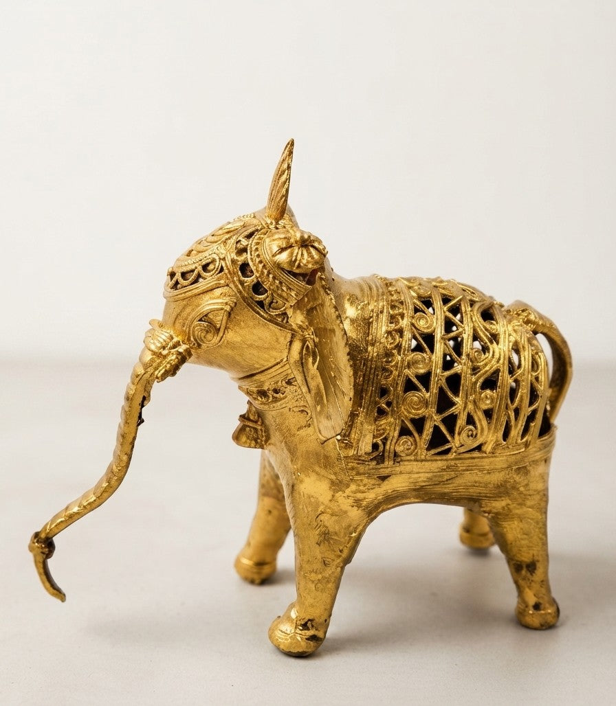 Handcrafted Dokra Brass Royal Elephant Figurine with Jaali Filigree Work