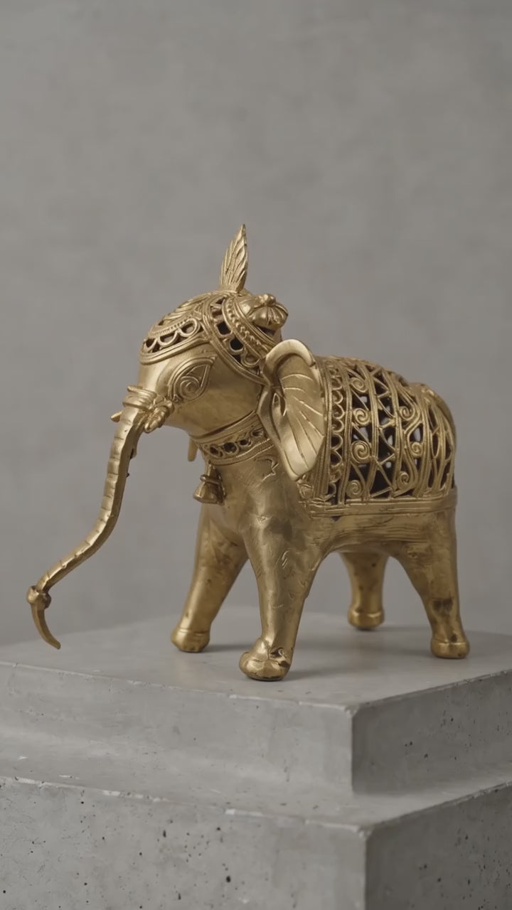 Handcrafted Dokra Brass Royal Elephant Figurine with Jaali Filigree Work